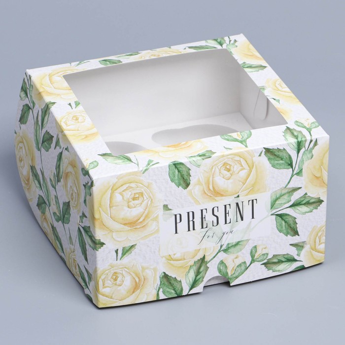 Коробка для капкейков, кондитерская упаковка с окном, 4 ячейки «Белые розы», 16 х 16 х 10 см - Фото 1