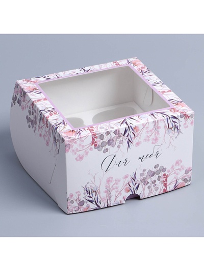 Коробка для капкейков, кондитерская упаковка с окном, 4 ячейки «Венок», 16×16×10 см