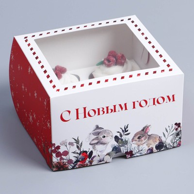 Коробка складная на 4 капкейков с окном «Новый год: акварель» 16×16×10 см