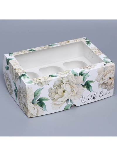 Коробка для капкейков, кондитерская упаковка с окном, 6 ячеек, «Белые пионы», 25×17×10 см