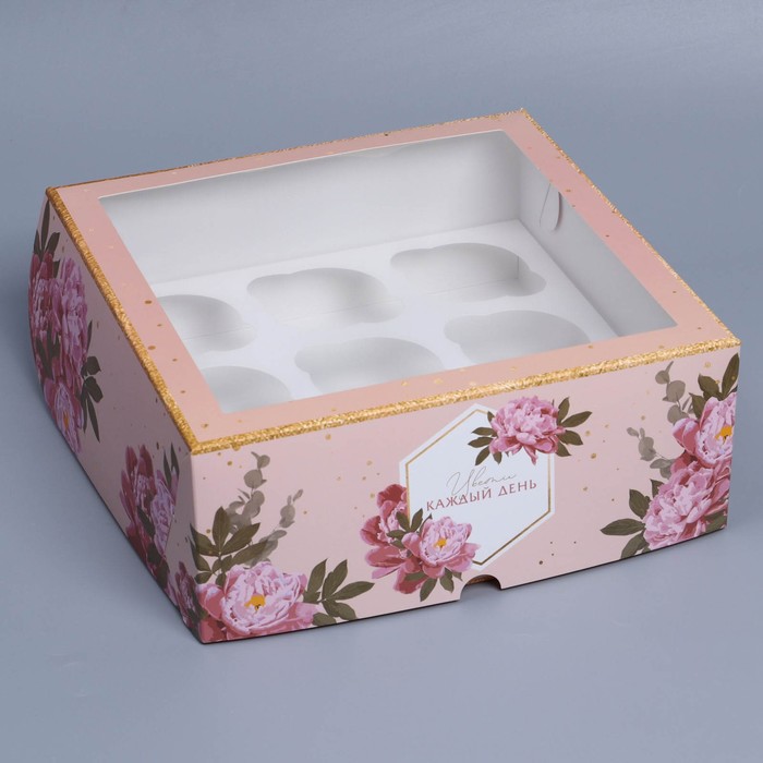Коробка для капкейков, кондитерская упаковка с окном, 9 ячеек «Цветы», 25 х 25 х 10 см - Фото 1