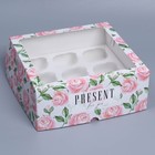 Коробка на 9 капкейков с окном, кондитерская упаковка «Розы», 25 х 25 х 10 см - фото 292199794
