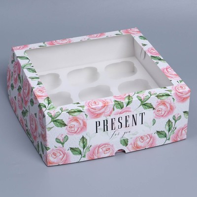 Коробка на 9 капкейков с окном, кондитерская упаковка «Розы», 25 х 25 х 10 см