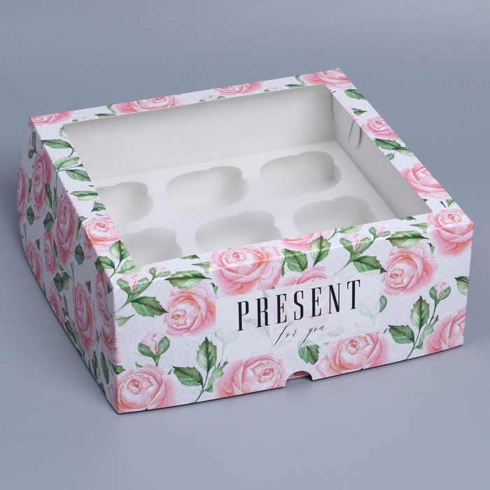 Коробка на 9 капкейков с окном, кондитерская упаковка «Розы», 25 х 25 х 10 см - Фото 1
