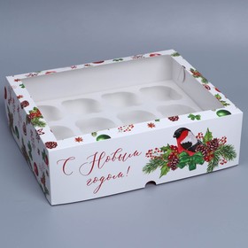 Коробка складная на 12 капкейков с окном «Снегирь», 32,8 х 25,6 х 10 см, Новый год