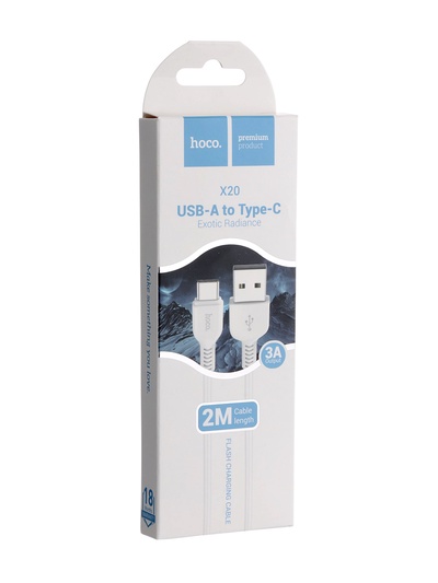 Кабель Hoco X20, Type-C - USB, 3 А, 2 м, PVC оплетка, белый