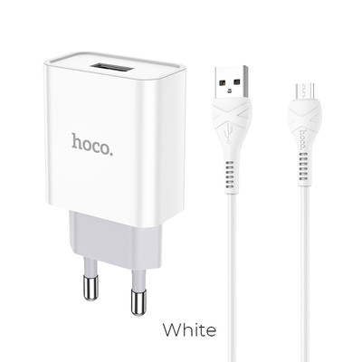Сетевое зарядное устройство Hoco C81A, USB, 2.1 А, кабель microUSB, 1 м, белый