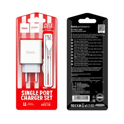 Сетевое зарядное устройство Hoco C81A, USB, 2.1 А, кабель microUSB, 1 м, белый