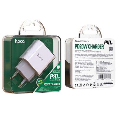 Сетевое зарядное устройство Hoco C76A Plus, Type-C - PD/QC, 20 Вт, 3 А, белый