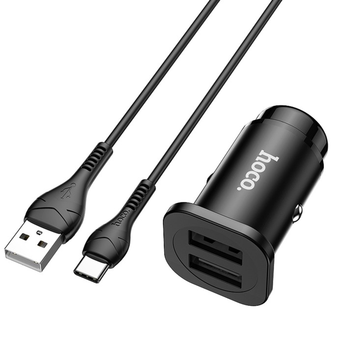 Автомобильное зарядное устройство Hoco NZ4, 24 Вт, 2 USB - 2.4 А, кабель Type-C 1 м, черный - фото 51457481