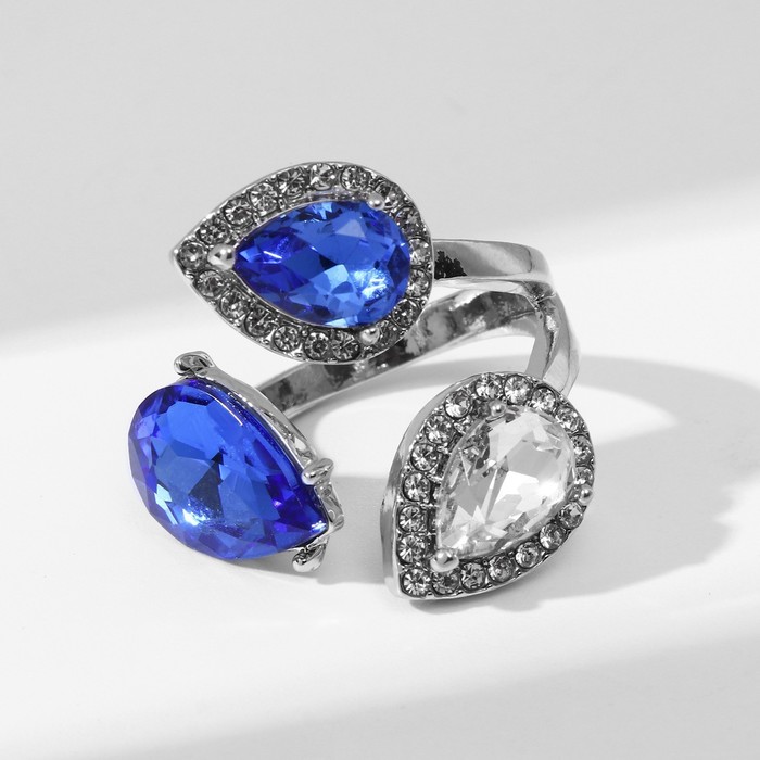 Кольцо «Драгоценность» капля трио, цвет бело-синий в серебре, безразмерное - фото 1908983489