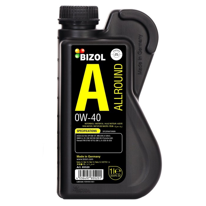 Моторное масло BIZOL Allround 0W-40 SN A3/B4, синтетическое, 1 л - Фото 1