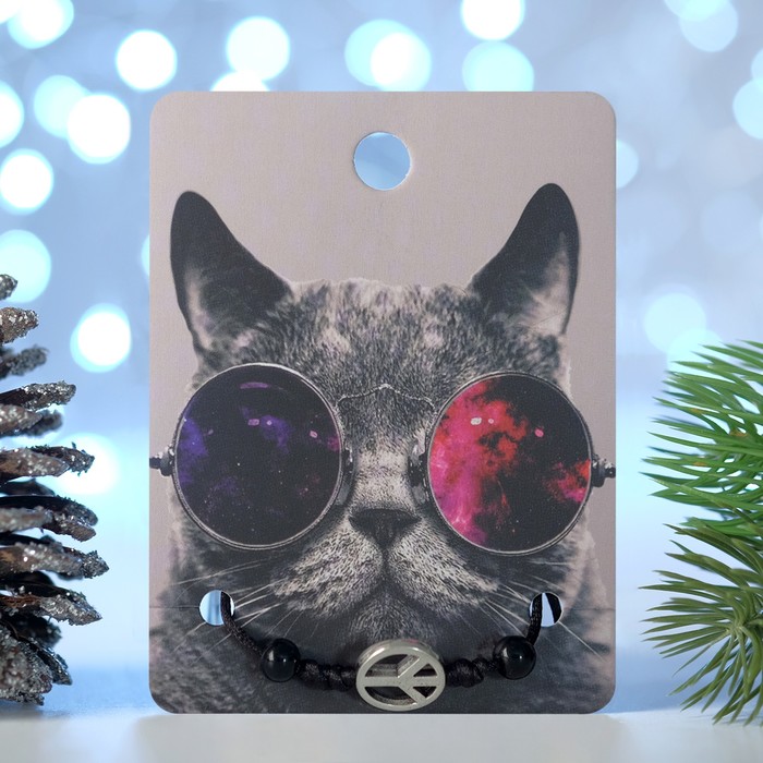 Браслет "Новогодний" кот в очках, цвет чёрный с серебром - Фото 1