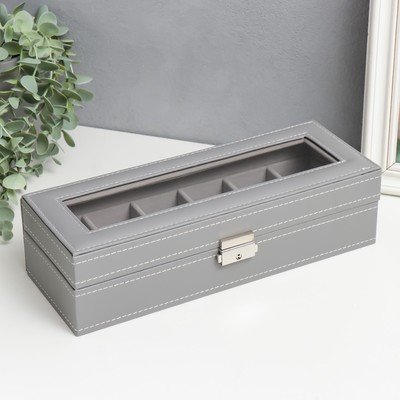 Шкатулка для часов 6 отделений «Серая с белой строчкой», искусственная кожа, 8×30×11 см