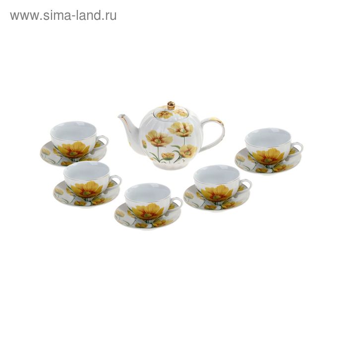 Сервиз чайный "Камилла", 13 предметов на подставке: 6 чашек 250 мл, 6 блюдец, чайник 1 л - Фото 1