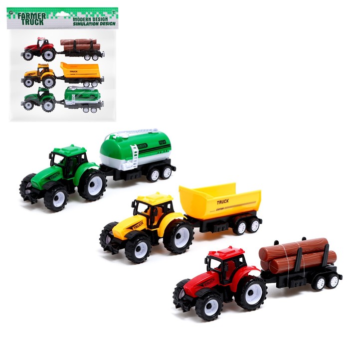 Набор инерционных тракторов «Фермер» с прицепом, 3 штуки - Фото 1