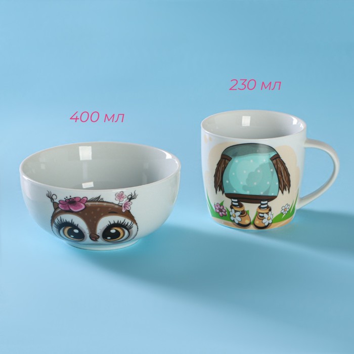 Набор детской посуды из керамики Доляна «Совенок», 2 предмета: кружка 230 мл, миска 400 мл, цвет белый - фото 1888403240