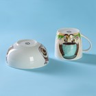 Набор детской посуды из керамики Доляна «Совенок», 2 предмета: кружка 230 мл, миска 400 мл, цвет белый - фото 4361164