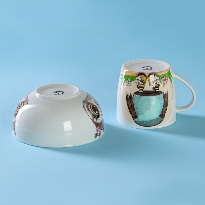 Набор детской посуды из керамики Доляна «Совенок», 2 предмета: кружка 230 мл, миска 400 мл, цвет белый - фото 1907524441