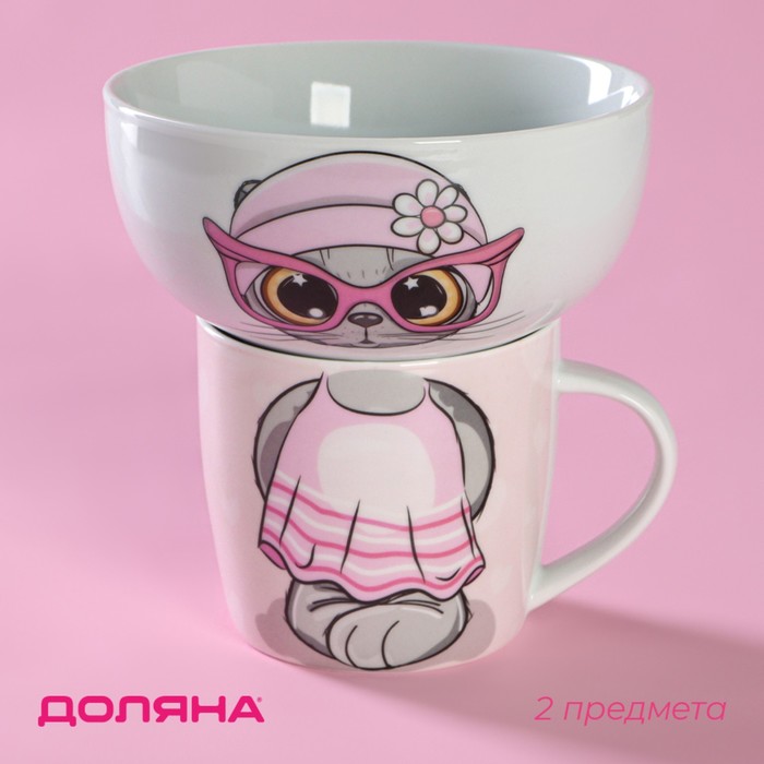 Набор детской посуды Доляна «Котик», 2 предмета: кружка 230 мл, миска 400 мл, керамика, белый - Фото 1