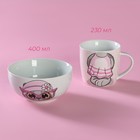 Набор детской посуды из керамики Доляна «Котик», 2 предмета: кружка 230 мл, миска 400 мл, цвет белый - фото 8505891