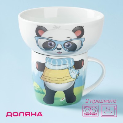 Набор детской посуды из керамики Доляна «Панда», 2 предмета: кружка 230 мл, миска 400 мл, цвет белый