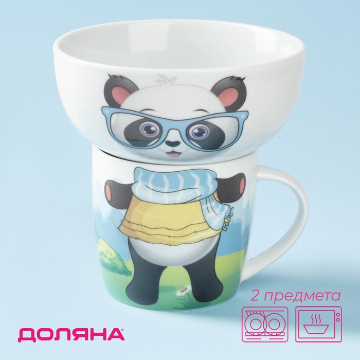 Набор детской посуды из керамики Доляна «Панда», 2 предмета: кружка 230 мл, миска 400 мл, цвет белый - Фото 1