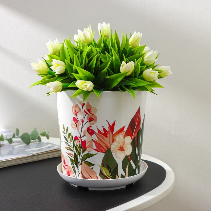 Горшок для цветов с поддоном Доляна «Тропический лес», 1.6 л, d=14 см, h=15.5 см, цвет белый