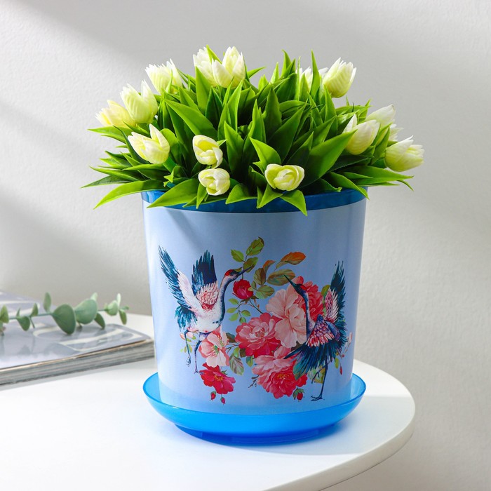 Горшок для цветов с поддоном Доляна «Танец журавлей», 1.6 л, d=14 см, h=15.5 см, цвет голубой - Фото 1