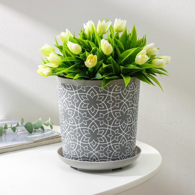 Горшок для цветов с поддоном Доляна «Кракле», 1.6 л, d=14 см, h=15.5 см, пластиковый, серый