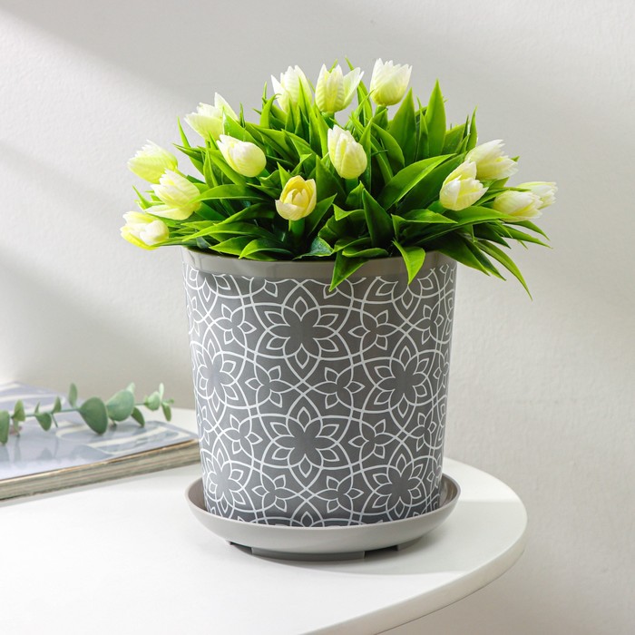 Горшок для цветов с поддоном Доляна «Кракле», 1.6 л, d=14 см, h=15.5 см, пластиковый, серый - Фото 1