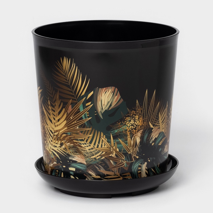 Горшок для цветов с поддоном Доляна «Голди. Листья», 1.6 л, d=14 см, h=15.5 см, пластиковый, цвет чёрный - Фото 1