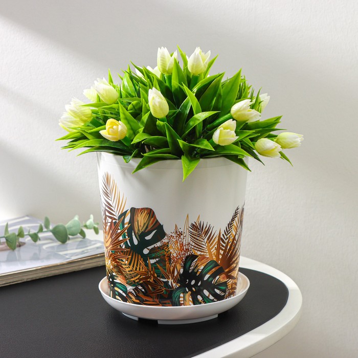 Горшок для цветов с поддоном Доляна «Голди. Листья», 1.6 л, d=14 см, h=15.5 см, пластиковый, цвет белый - Фото 1