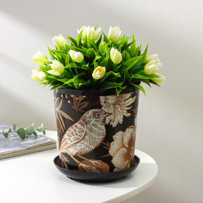 Горшок для цветов с поддоном Доляна «Голди.Птицы», 1.6 л, d=14 см, h=15.5 см, пластиковый, цвет чёрный - Фото 1