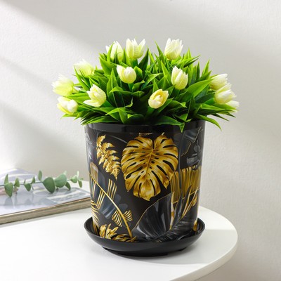 Горшок для цветов с поддоном Доляна «Голди.Тропики», 1.6 л, d=14 см, h=15.5 см, пластиковый, цвет чёрный