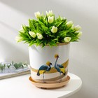 Горшок для цветов с поддоном Доляна «Каракум. Венценосный журавль», 1.6 л, d=14 см, h=15.5 см, пластиковый, белый/бежевый - Фото 1