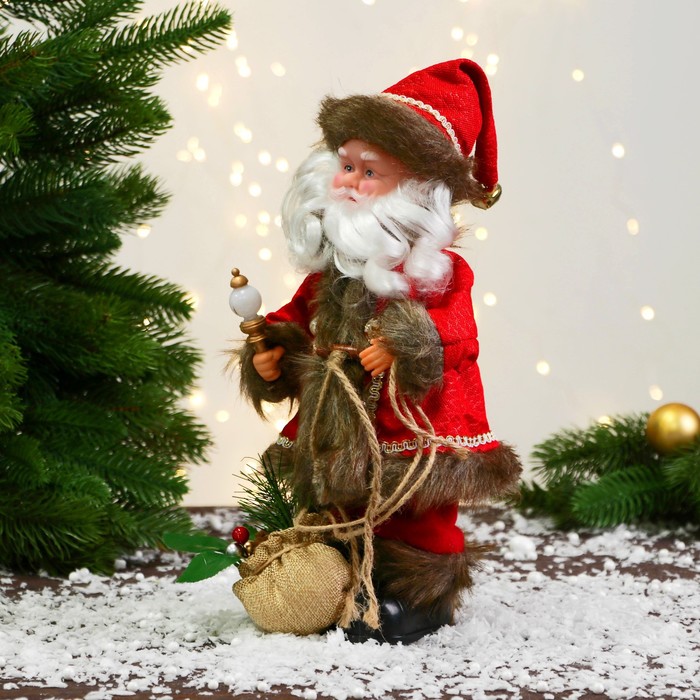 Дед Мороз "В кафтане с пуговицами и с мешком" 30 см, двигается, красно-коричневый - фото 1908987229