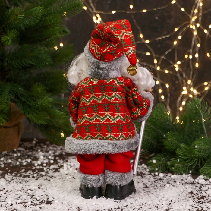 Дед Мороз "Цветной шубке и с фонариком на посохе" 30 см, двигается, красно-серый - фото 1908987232