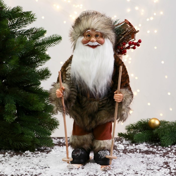 Дед Мороз "На лыжах и с веточками" 40 см, серый - Фото 1