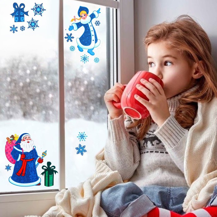 Наклейки на окна "Новогодние" Дед мороз Снегурочка" 41 х 29 см - фото 1897262549