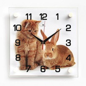 Часы настенные, интерьерные "Заяц и кот", бесшумные, 25 х 25 см