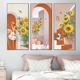 Наклейка пластик интерьерная триптих "Фламинго и подсолнухи" набор 3 листа 29,5х61 см