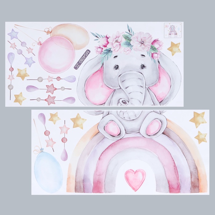 Наклейка интерьерная цветная «Слонёнок на радуге с венком», набор 2 листа, 30×60 см - Фото 1