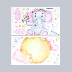 Наклейка интерьерная цветная «Слонёнок с самолётом», набор 2 листа, 30×60 см