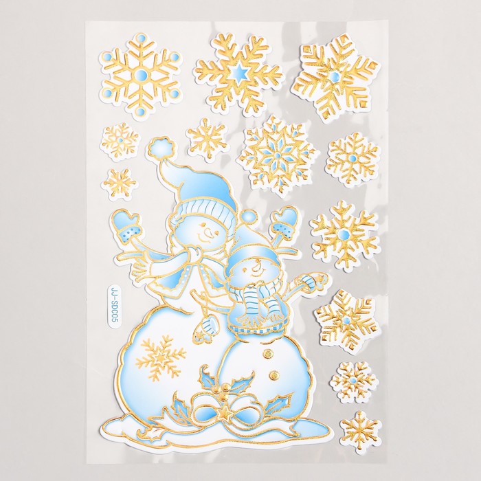 Наклейка пластик "Снеговики под снежинками" серебристо-голубая 17х27 см - Фото 1