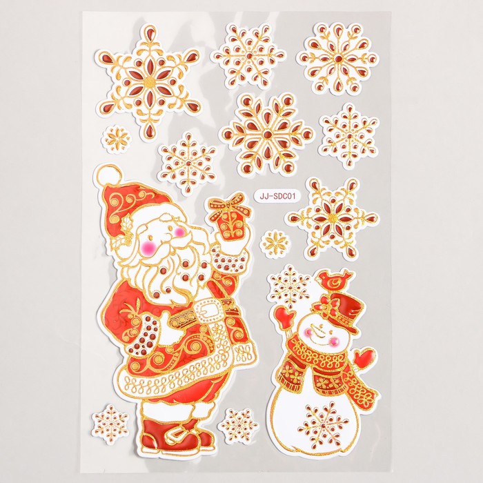 Наклейка пластик "Дед Мороз и Снеговик под снежинками" золотисто-красная 17х27 см - Фото 1