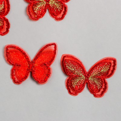 Декор для творчества текстиль вышивка "Бабочка красная" двойные крылья 3,7х5,2 см