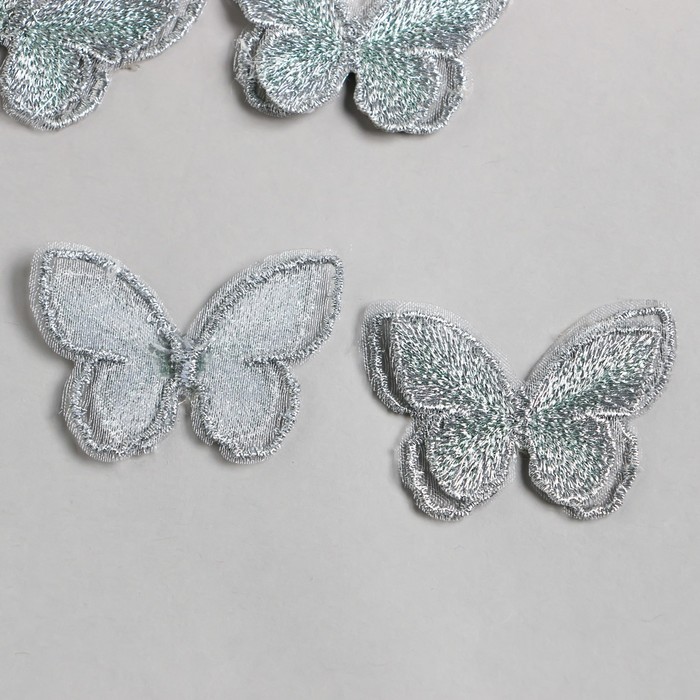 Декор для творчества текстиль вышивка "Бабочка серебристая" двойные крылья 3,7х4,5 см - Фото 1