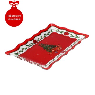 Блюдо Доляна «Счастливого Нового года», 25×15 см, стекло, красное
