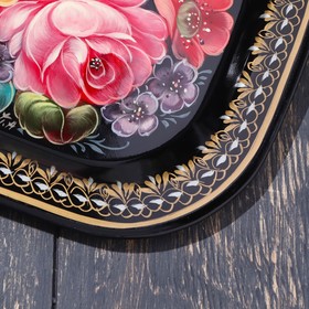 Поднос жостовский "Букет", чёрный, авторская роспись, 24х20 см